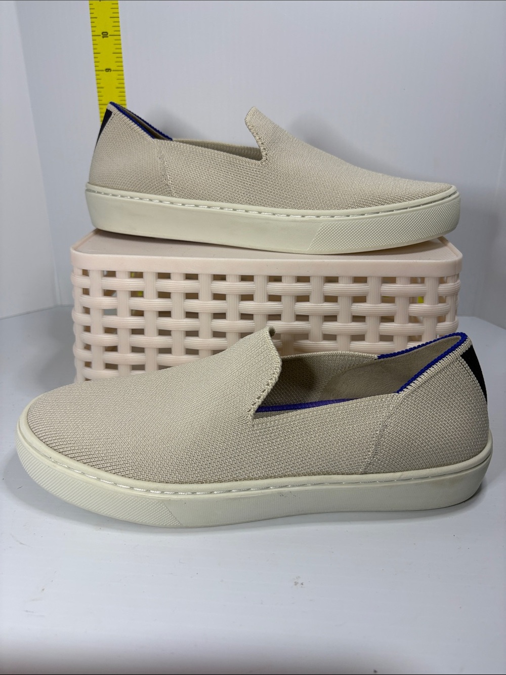 5.5 Rothy’s Casual Slip-On Canvas Sneakers in Beige with Blue Trim. Box 27